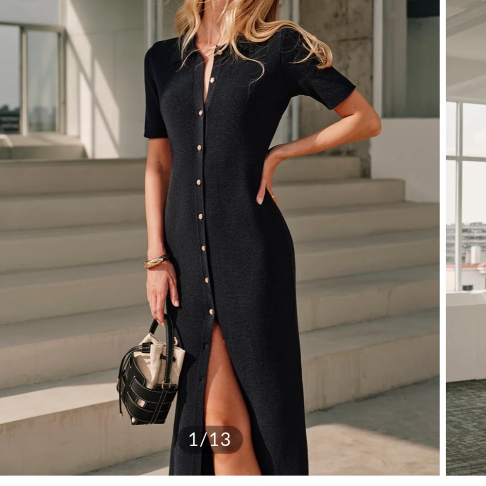 Commense Metal Button Collar Midi Dress - Navy